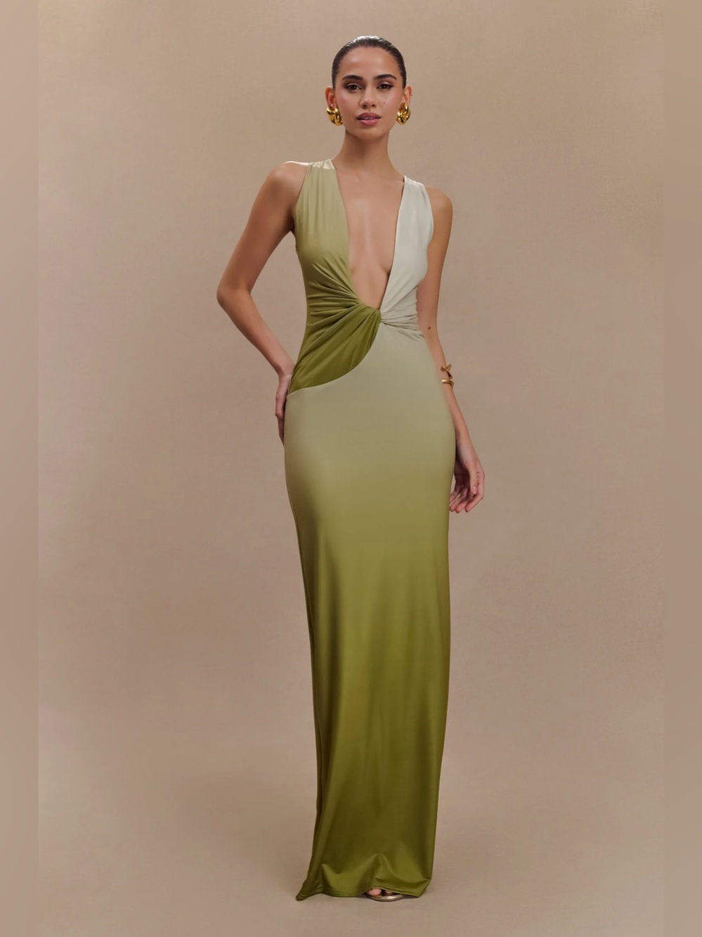 NWT Meshki Stella Draped Slinky Maxi Dress - Ombre Vintage Olive